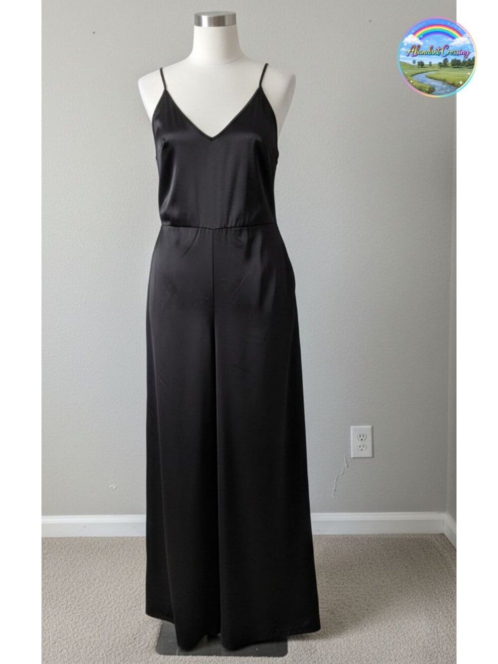 Satin Wide Leg Jumpsuit V-Neck Spaghetti Strap Dressy Date Night Romper
